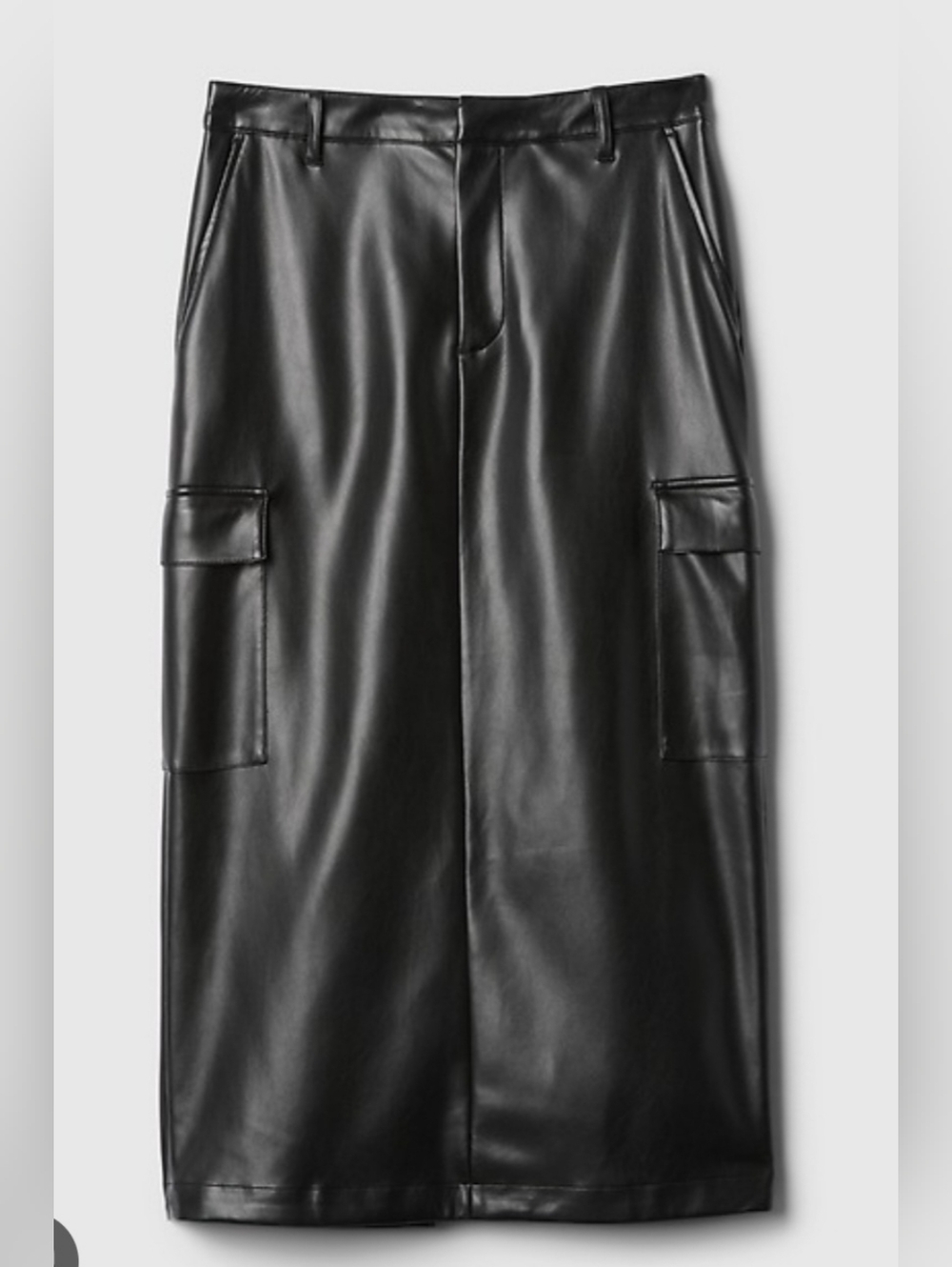 Black Faux Leather Cargo Midi Skirt